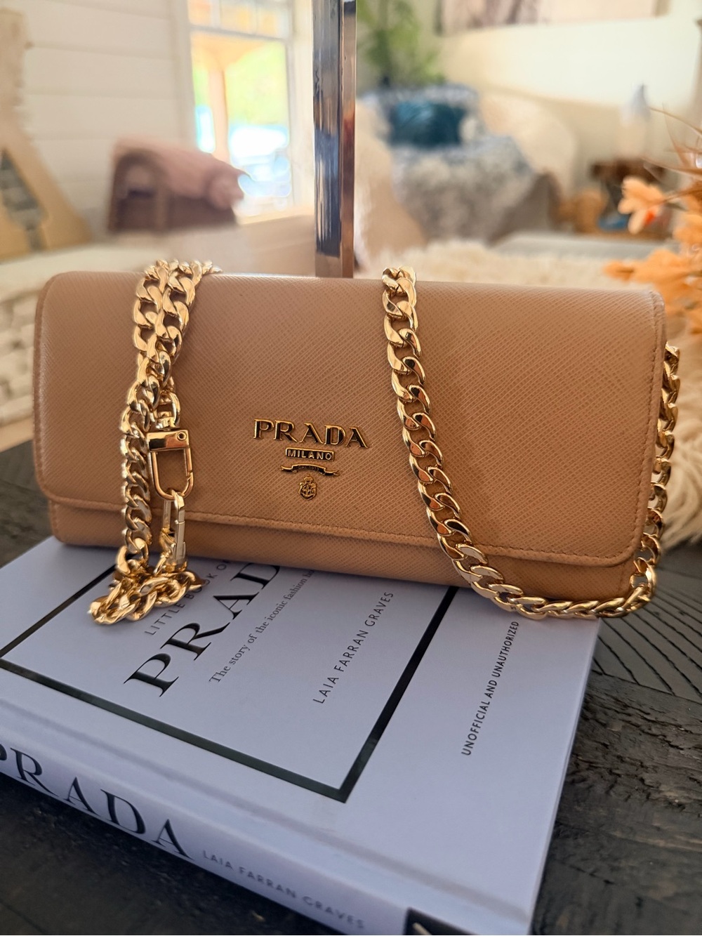 Prada Beige Saffiano Leather Wallet with Gold Hardware